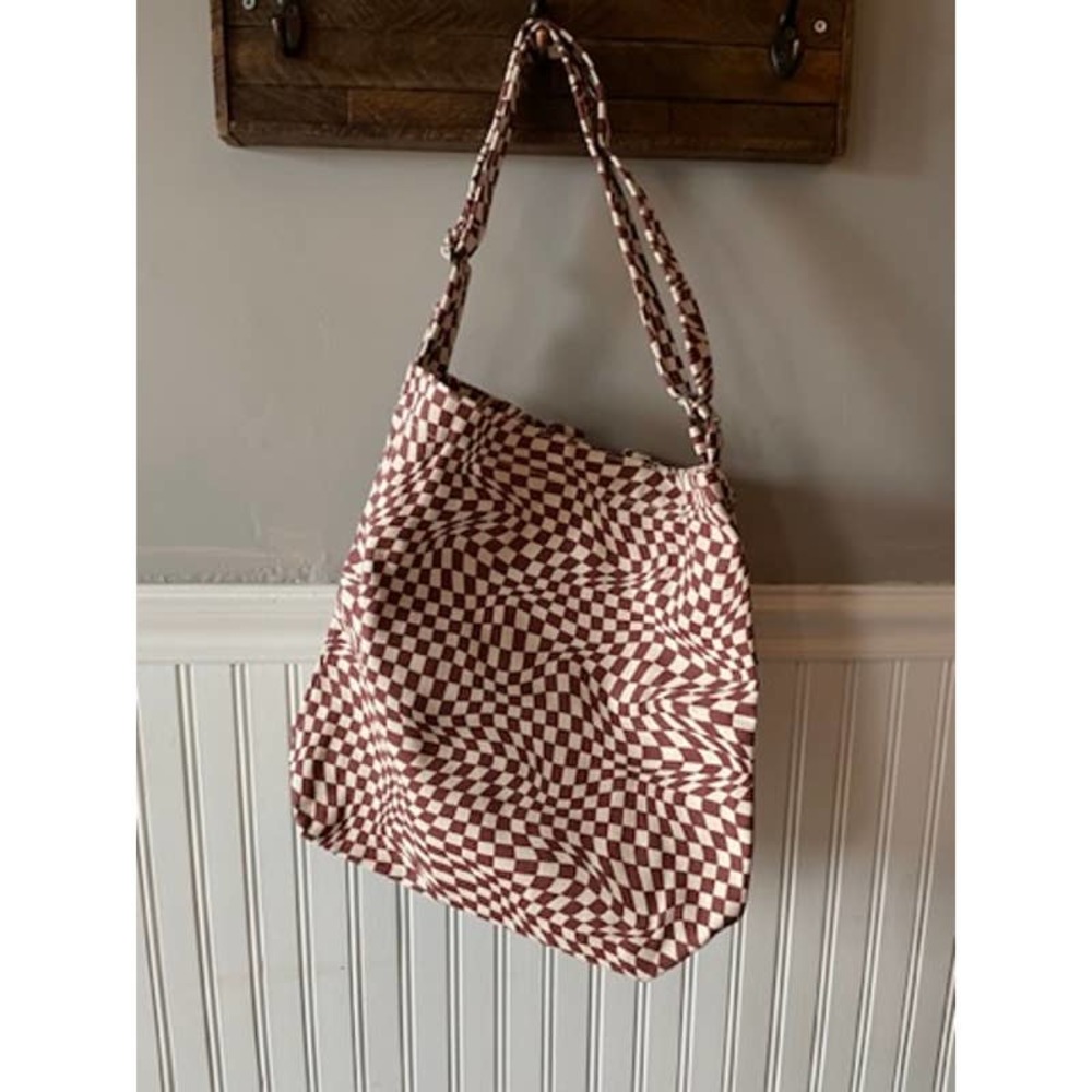 BAGGU Checkerboard Shoulder Tote in Cream and Brown - Picture 8 of 8